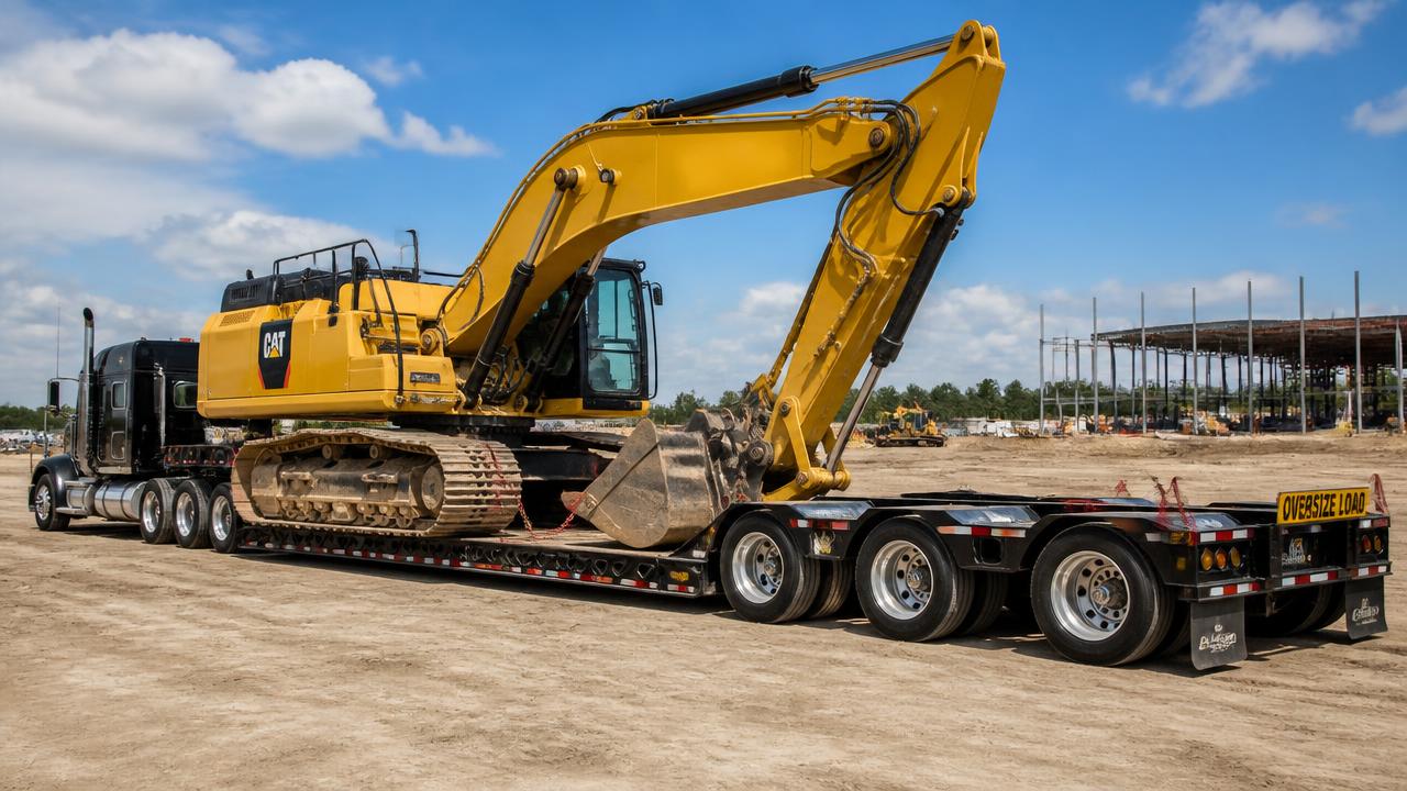 Excavator loaded and chained down on a heavy-duty lowboy equipment trailer