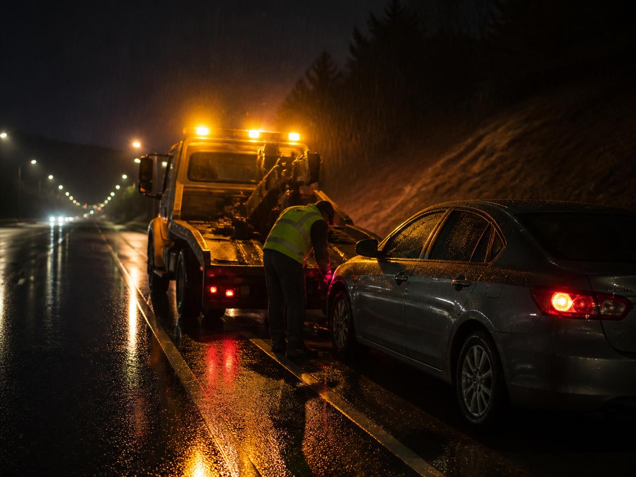 Tow truck assisting a driver at night in Springfield, Massachusetts